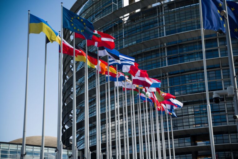 Flaggen der EU-Länder vor moderner Gebäudefassade